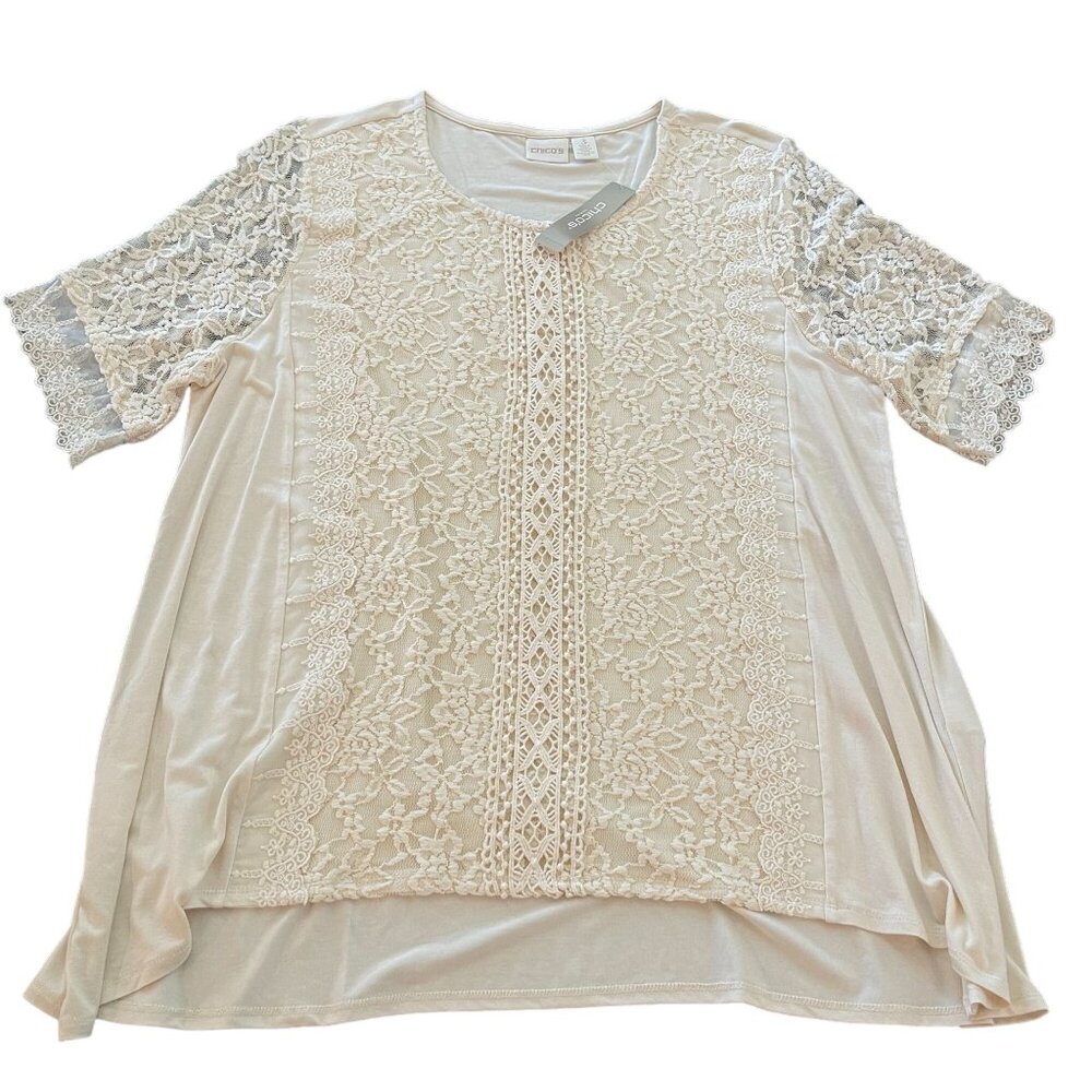 Chico's Women's Lace Front High Low Knit SS Top Ivory Scoop Neck, Size 3 NWT